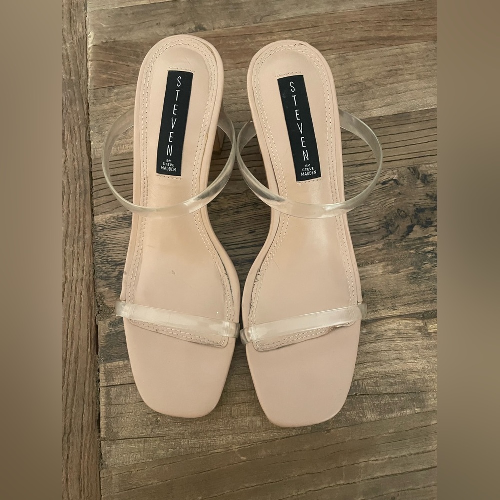 Steven by Steve Madden nude strappy sandal heel with clear straps